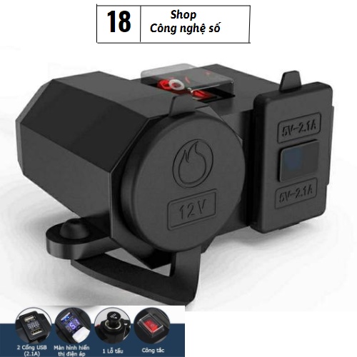 Sạc điện thoại trên xe máy chống nước có 2 cống usb hỗ trợ sạc nhanh có lỗ tầu sạc sạc 3in 1