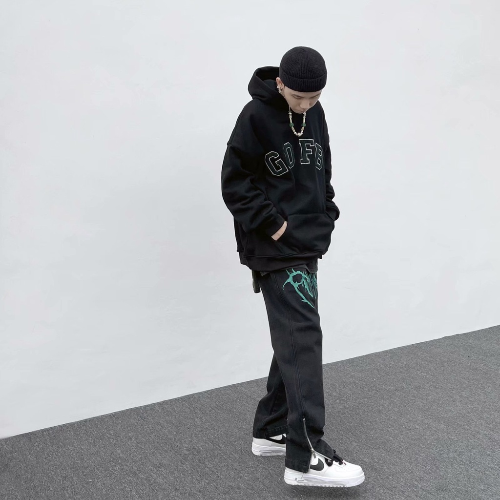 Quần jean ống suông Xẻ Tà Thêu Họa Tiết Phong Cách Hip Hop Cá Tính Cho Nam