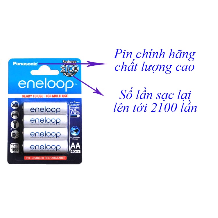 Combo 04 viên pin tiểu AA sạc lại Eneloop 1900mAh có thể sạc lại 2100 lần, có thể thay thế pin 1,5V
