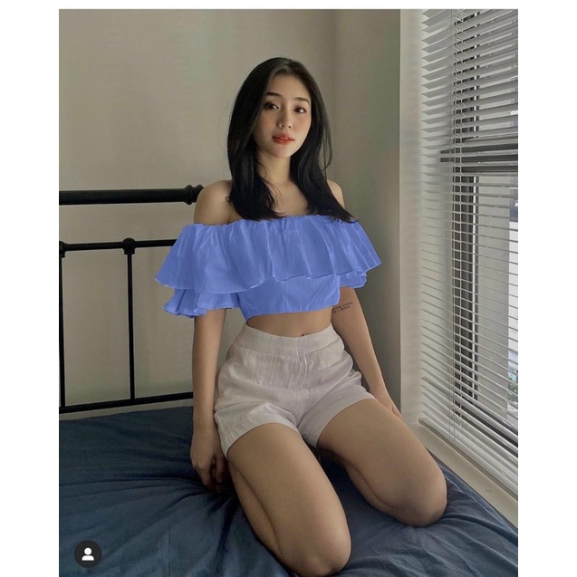 Áo Kiểu Trễ Vai Xanh Tay Ngắn Bèo Dáng Croptop Dún Lưng Co Dãn Kèm Ảnh Thật