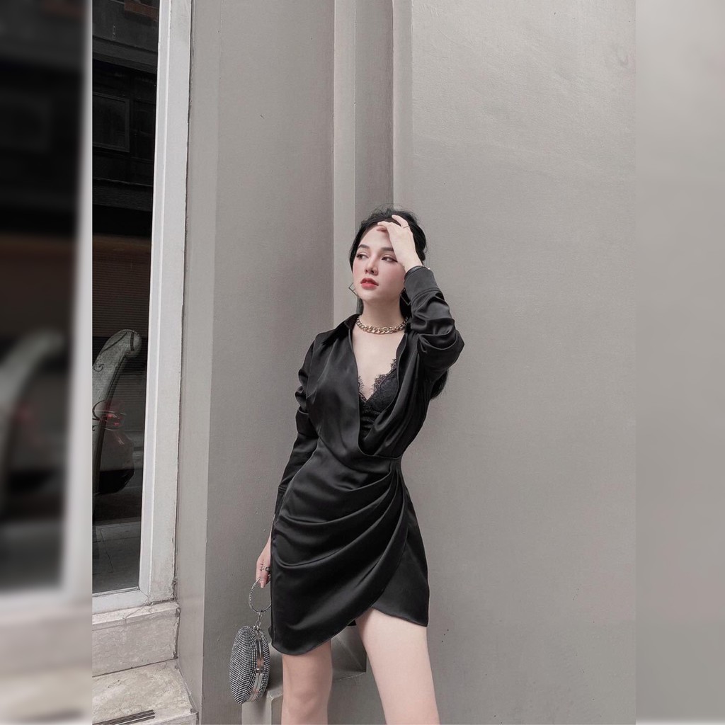 Đầm váy sơmi dự tiệc dáng ôm body tay dài xếp ly eo vạt chéo sexy sang trọng màu trắng đen satin lụa cao cấp có bigsize | BigBuy360 - bigbuy360.vn