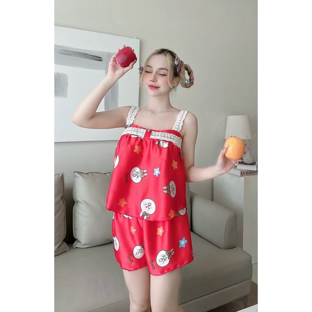 Đồ ngủ nữ đùi mặc nhà, bộ dây satin bản to phối ren- Phuongaliceshop