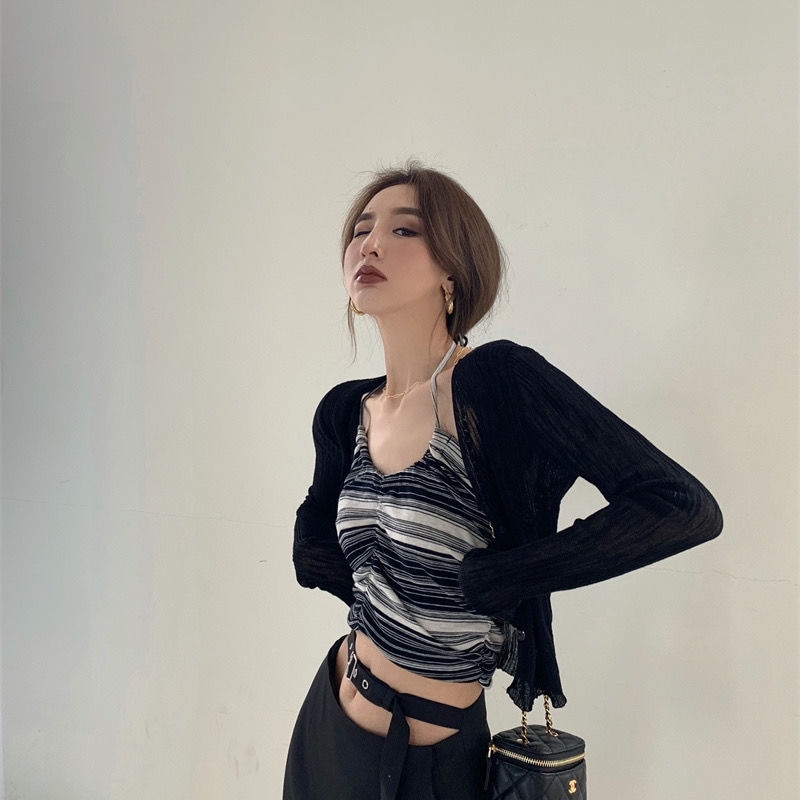 Áo Khoác Cardigan Tay Dài Cổ Chữ V Vải Lụa Mát Thời Trang Thanh Lịch Cho Nữ