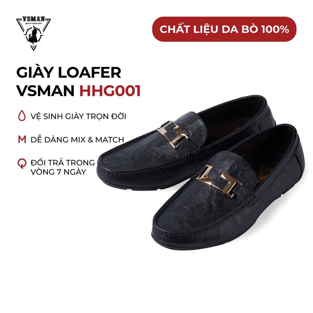 Giày lười nam da bò thật Loafer dập vân da có khóa VSMAN giày mọi nam công sở đế đúc siêu bền hợp gu thời trang - HHG001