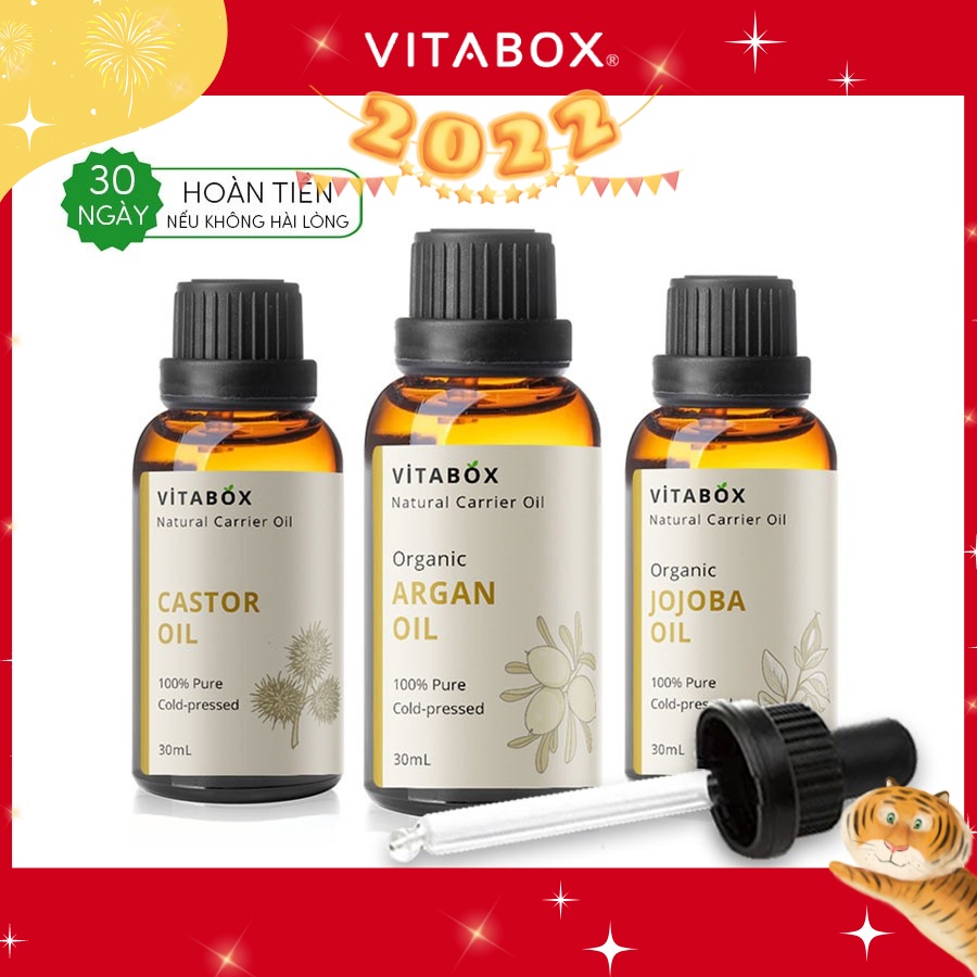 Dầu nền hữu cơ ép lạnh VITABOX Organic Carrier oil Argan Jojoba Avocado Grapeseed tinh dưỡng da mặt body tóc massage