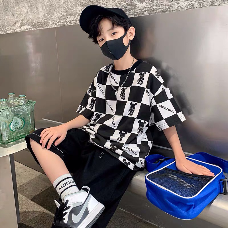 Đồ bộ bé trai Con Xinh cotton hình in Gấu ô vuông, quần áo dành cho trẻ em từ 14 đến 50kg