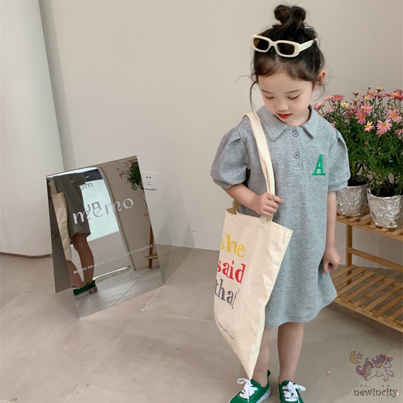 Đầm Tay Ngắn Cổ Bẻ Thêu Chữ Đáng Yêu Thời Trang Phong Cách Hàn Quốc Cho Bé Gái