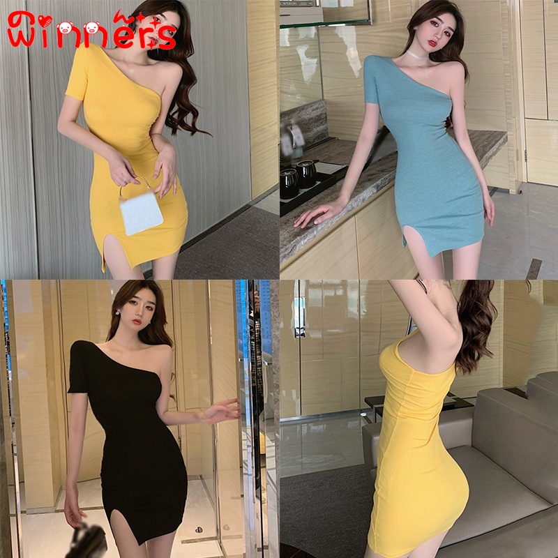 Đầm Lệch Vai Tay Ngắn Màu Trơn Xẻ Tà Thời Trang Cho Nữ