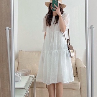 Váy babydoll dáng dài, đầm nữ cộc tay phom rộng dáng suông họa tiết chấm bi 2 lớp freesize  hàn quốc Wikishop C1031