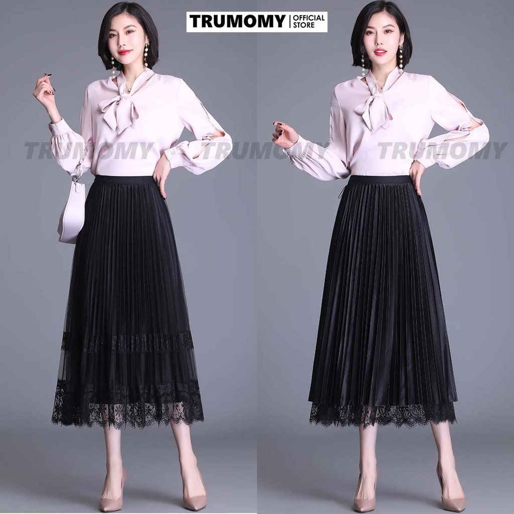 [Mặc 2 mặt] Chân váy xếp ly xòe dài phối ren 2 tầng Quảng Châu cạp thun - Trumomy