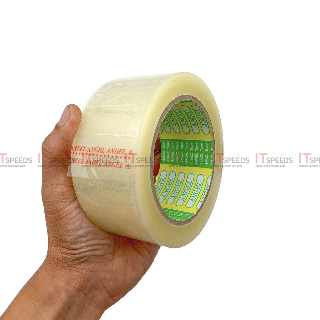 1 Cuộn Băng Keo Trong, Đục Dán Thùng Angel 4F8, 100 Yard, 200 Yard, Độ Dính 43 Mic, 6 Cuộn Nặng 1.2Kg, Đủ Yard, Đủ Mic