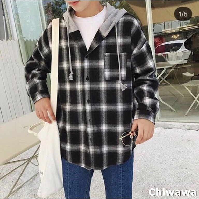 Áo khoác nam nữ Amozo 022 đẹp như diễn viên Hàn Quốc, có mũ phối sau màu trắng đen