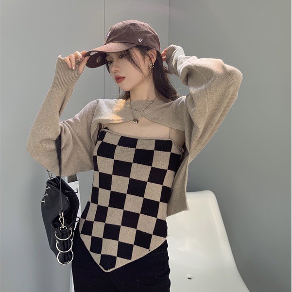 QADCOL Set áo hai dây và áo khoác len họa tiết ca rô thời trang dành cho nữ