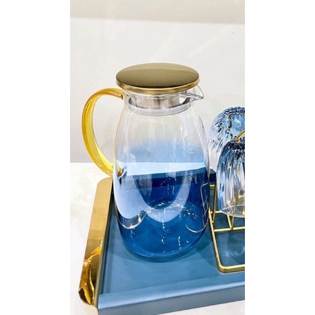 Set 6 cốc xanh dày dặn 💙 Bình Thuỷ Tinh ánh lửa xanh , Bình Thuỷ Tinh kim cương xanh