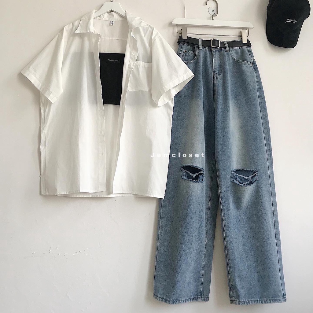 Áo sơ mi tay ngắn nữ JEMCLOSET kiểu dáng mặc đi làm màu trắng đơn giản bassic Parel - 1776