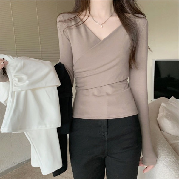 SUXI Áo Thun Tay Dài Cổ Chữ V Màu Sắc Đơn Giản Phong Cách Hàn Quốc