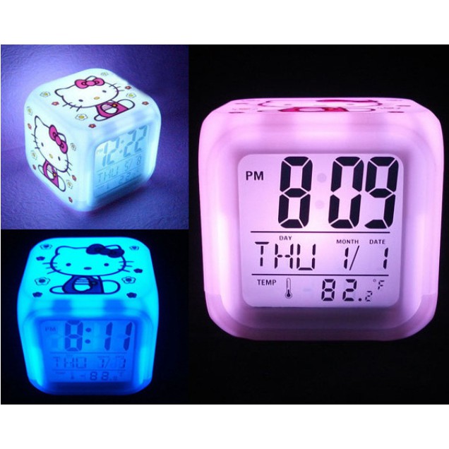 Đồng hồ báo thức XIAODUOJIAJU điện tử có đèn led dạng vuông hình mèo Hello Kitty