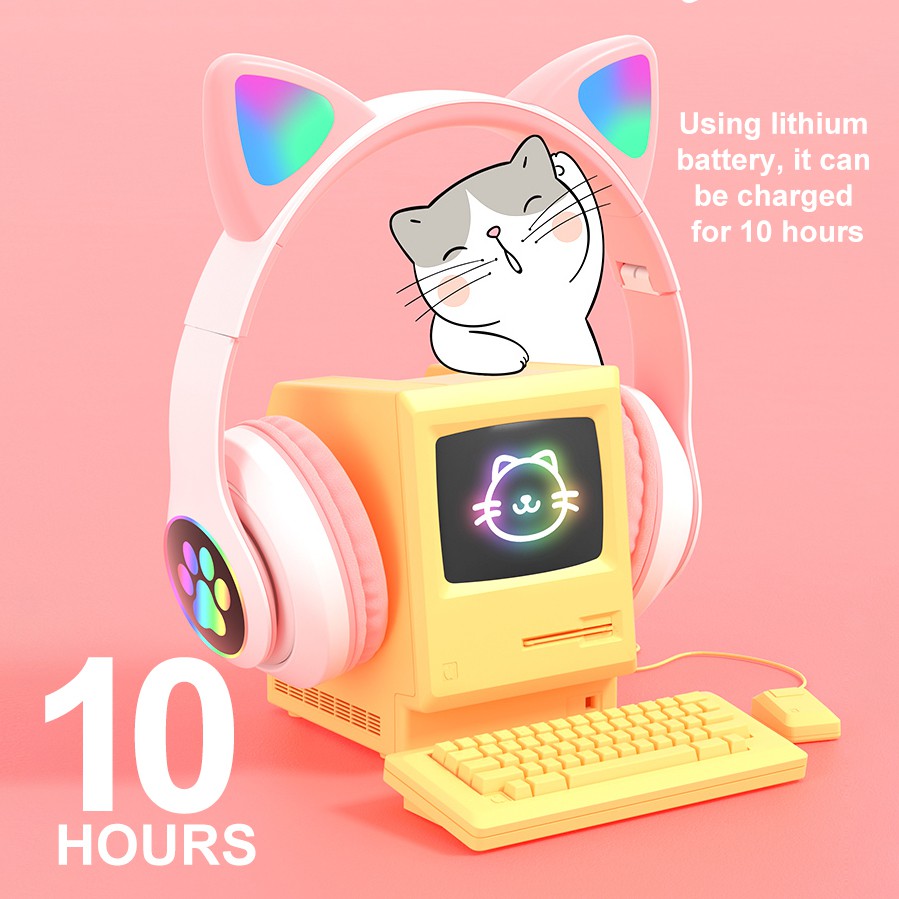 Tai nghe chơi game tai mèo đáng yêu không dây bluetooth V5.0 có mic/phụ kiện đèn LED thích hợp cho các bạn nữ trẻ