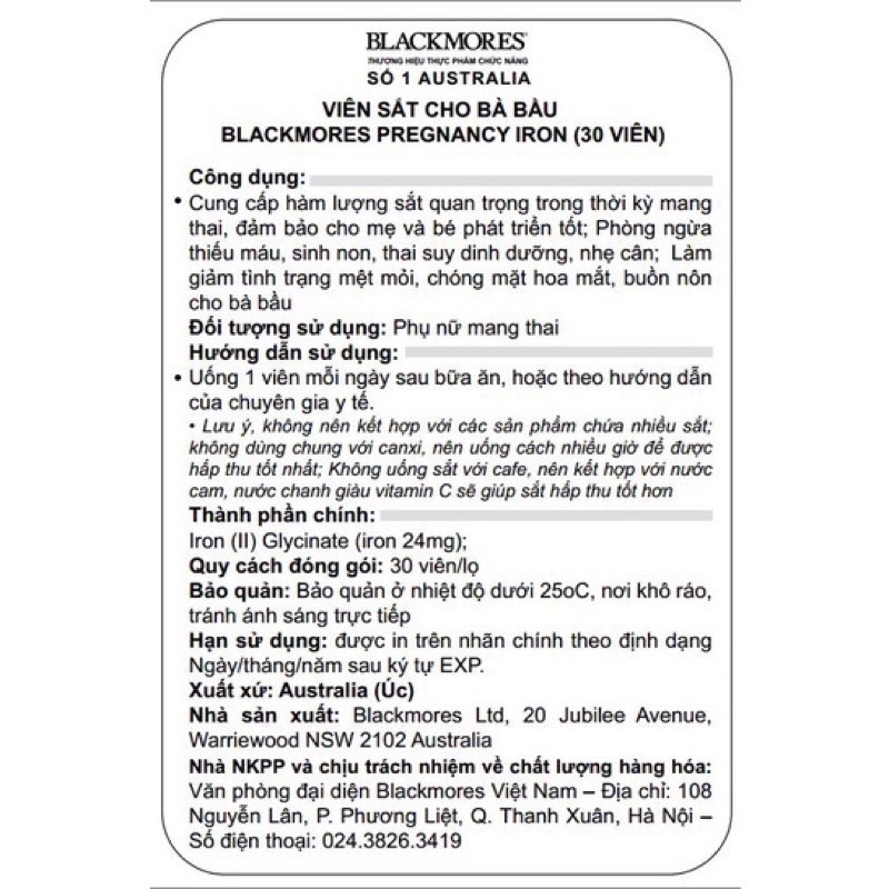 Viên uống sắt bầu Blackmores úc 30v