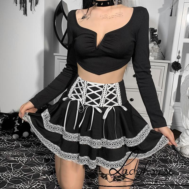 Chân váy ngắn lưng cao phối ren hoa phong cách lolita dành cho nữ