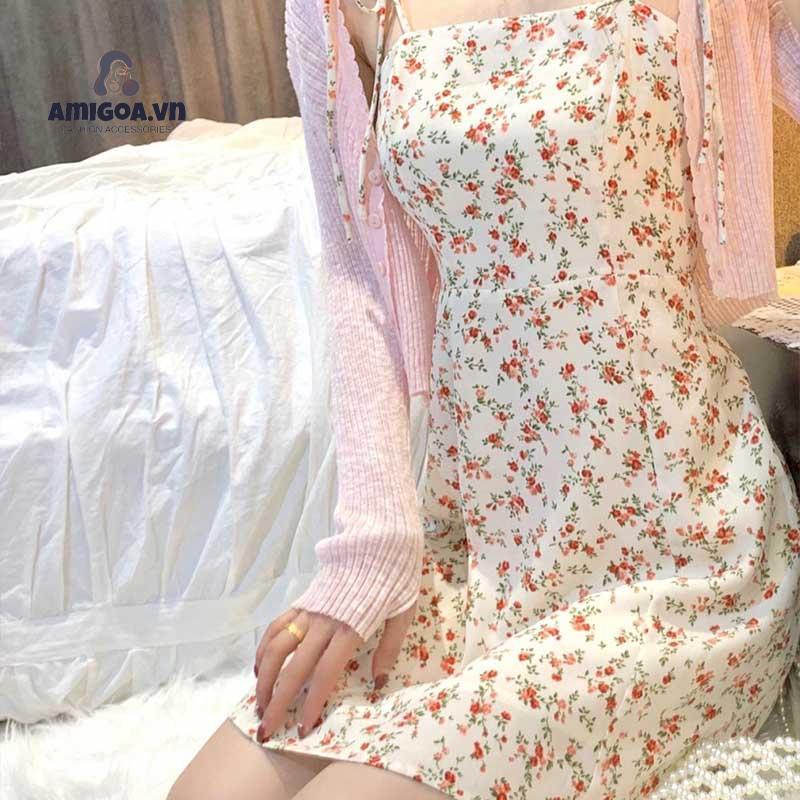 ✨✨Đầm Ngắn Hai Dây Cổ Chữ V Xẻ Tà In Họa Tiết Hoa Màu Vàng Phong Cách Pháp Thanh Lịch Thời Trang Mùa Hè Cho Nữ