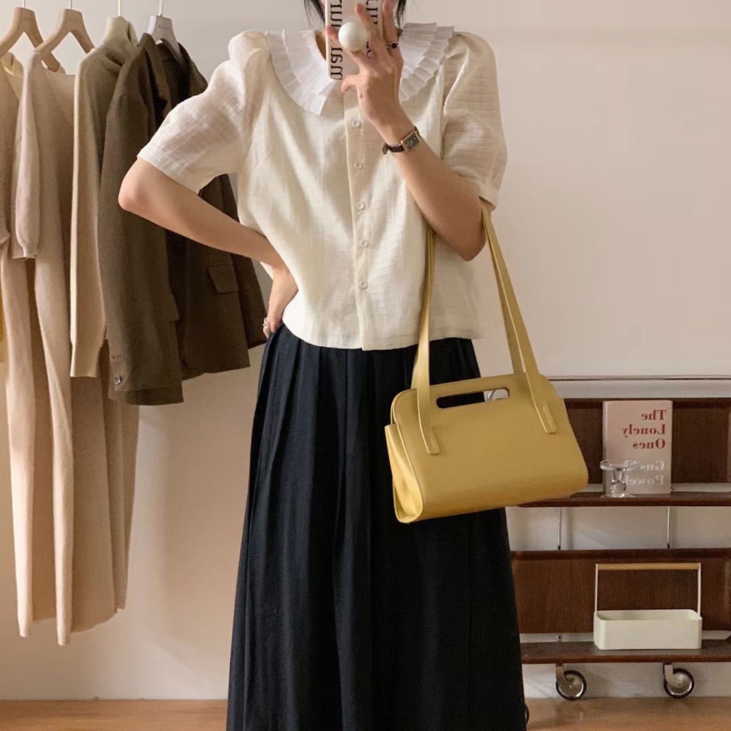 Set Áo Sơ Mi Tay Ngắn Cổ Búp Bê Hai Lớp Phối Chân Váy Lưng Cao Xếp Ly Thời Trang Xinh Xắn Cho Nữ  tao bao