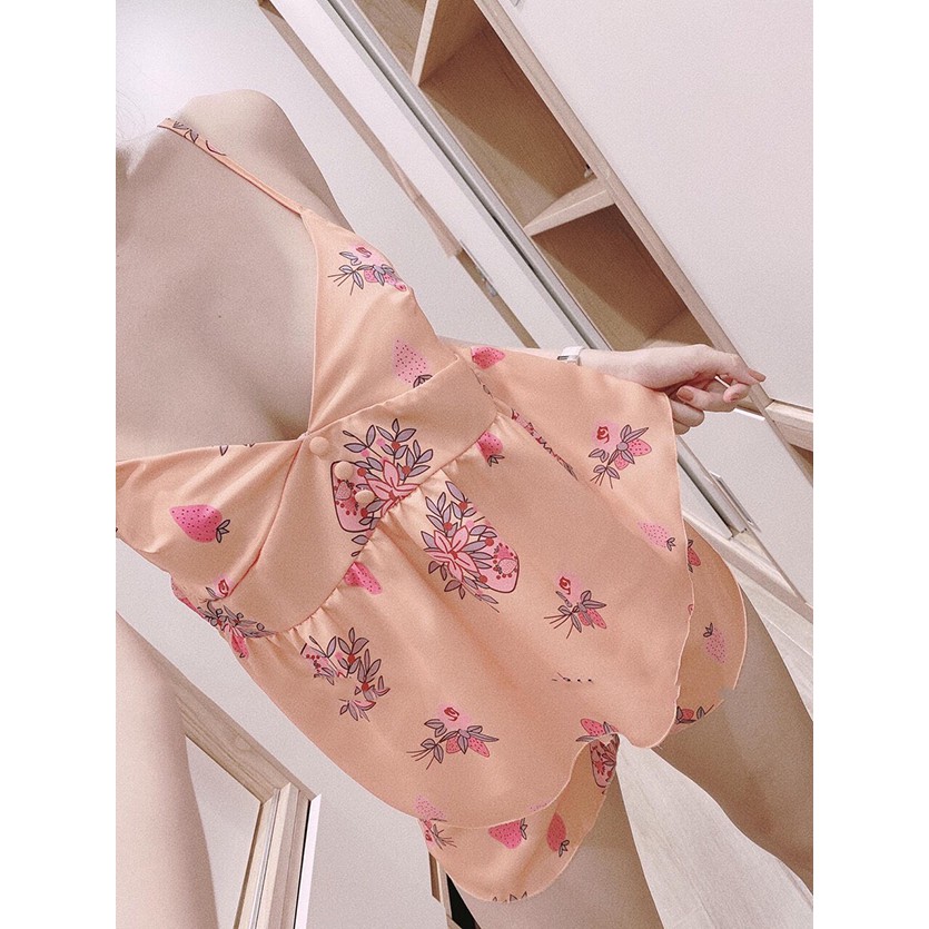 Đồ Ngủ Lụa Satin Họa Tiết Áo Dây Quần Cộc Freesize | BigBuy360 - bigbuy360.vn