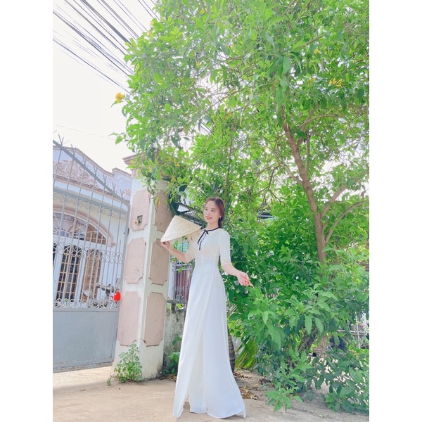 Áo dài trắng nơ tay phồng -ÁNH NGỌC