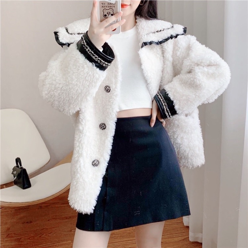 Áo Khoác nỉ lông mềm tiểu thư một màu cổ bẻ viền bèo xung quanh from chuẩn ảnh Ulzzang,dễ mặc,sang chảnh(video ảnh thật)