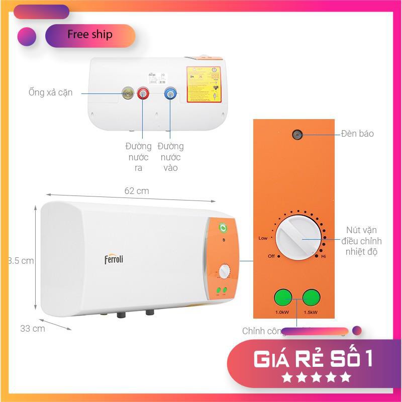 Máy nước nóng Ferroli Verdi DE 15L - 20L - 30L, 3 công suất, tiết kiệm điện, van xả cặn dễ dàng