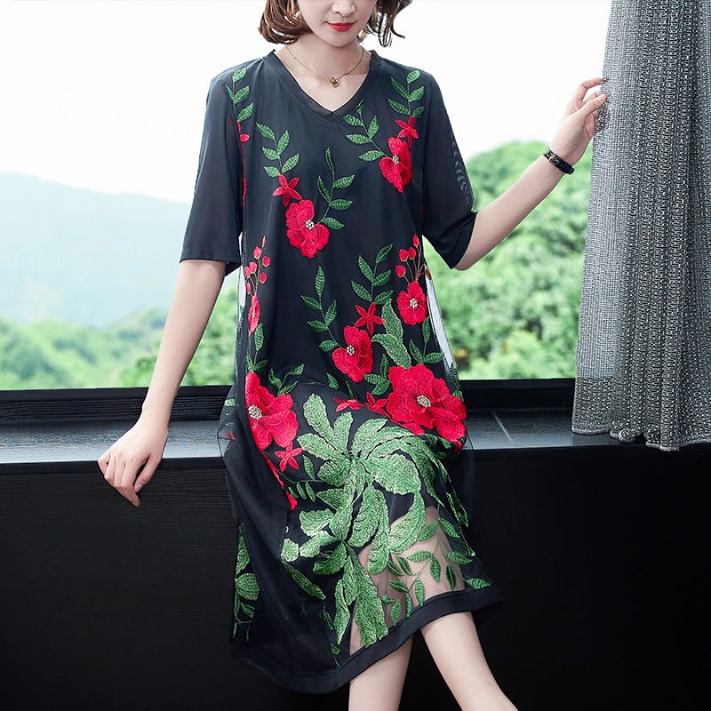 Đầm Tay Lửng Cổ Chữ V Phối Lưới Thêu Họa Tiết Xinh Xắn Thời Trang Mùa Hè 200 Jin Cho Nữ