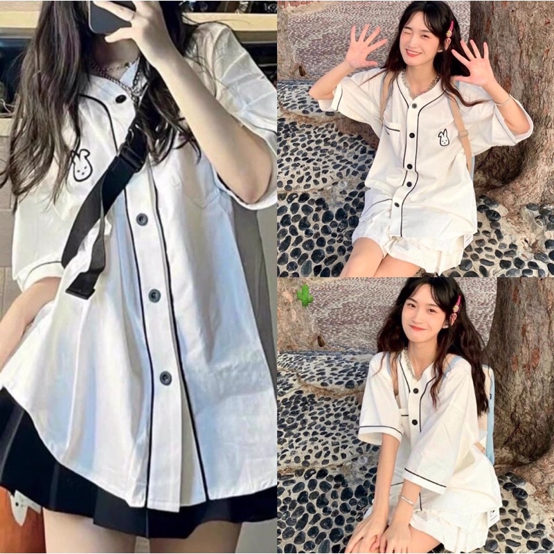 Áo Sơ Mi Trắng Viền Đen Nữ [FREESHIP] 🌸 Thun polo form rộng in hình thỏ màu TRẮNG cá tính Ulzzang 🌸