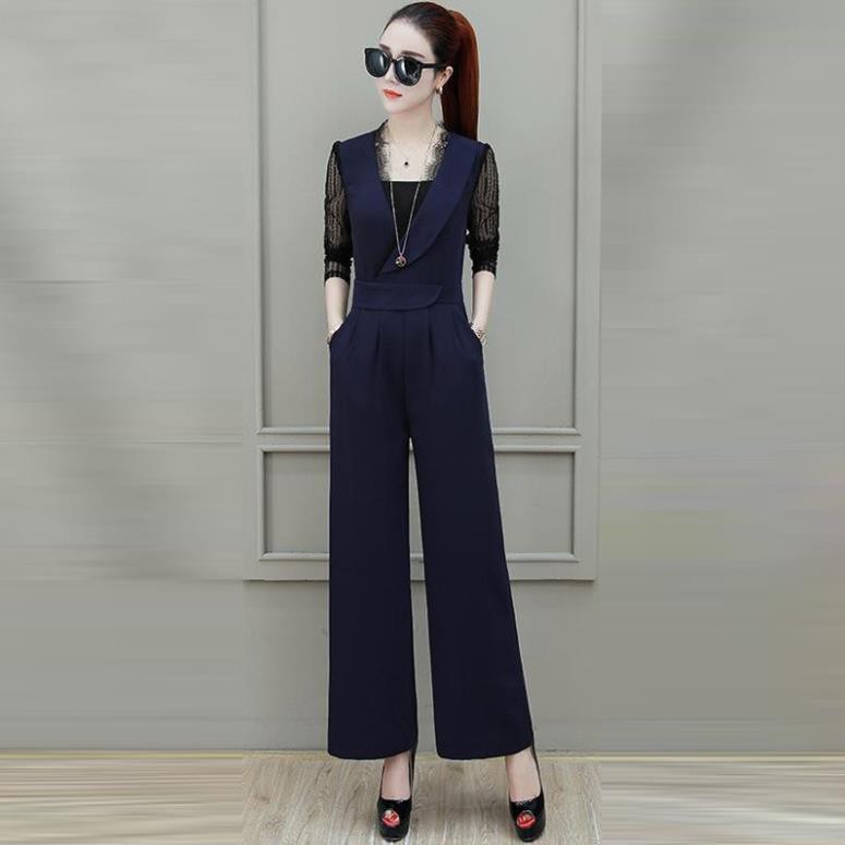 [Hàng thiết kế giá sỉ ]Jumsuit Dài Xanh Navy Ống Suông Tay Phối Ren Lưới Thời Trang - TP1861 hàng vnxk