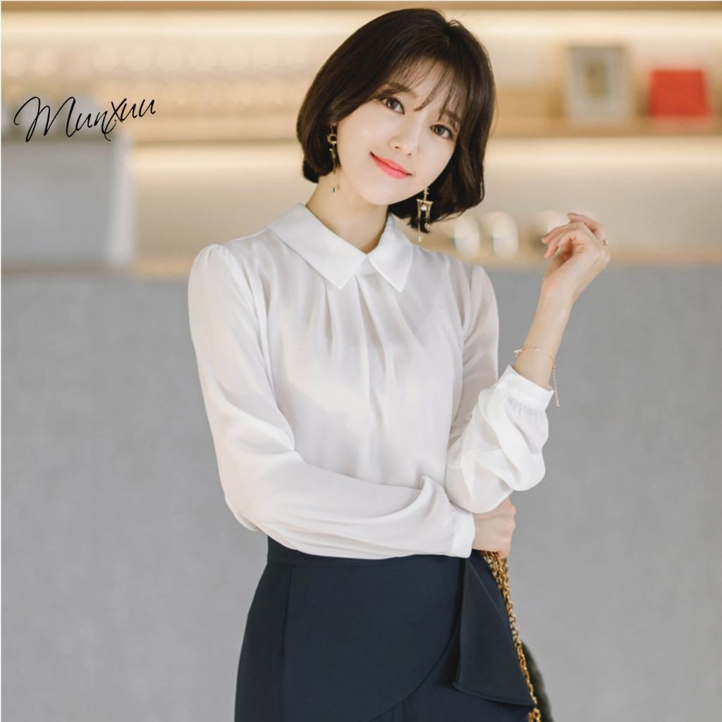 Áo sơ mi nữ MUNXUU phong cách công sở, thiết kế dài tay cổ áo kín đáo tay áo bồng nhẹ nhàng thanh lịch - Xu13