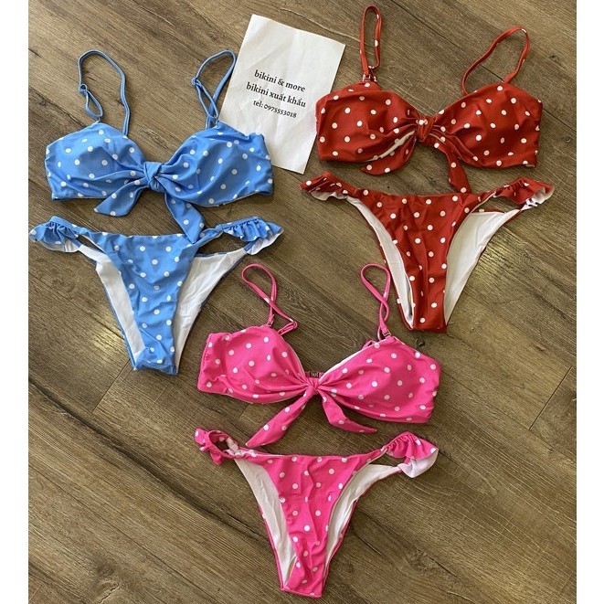 [BKN536] &lt;ÂU&gt; SET BIKINI NƠ NGỰC CHẤM BI XANH BLUE/ĐỎ/HỒNG