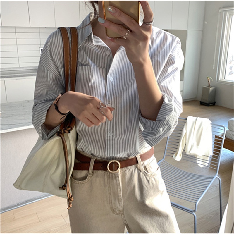 Áo sơ mi nữ SUXI tay dài kẻ sọc phong cách retro hàn quốc mới