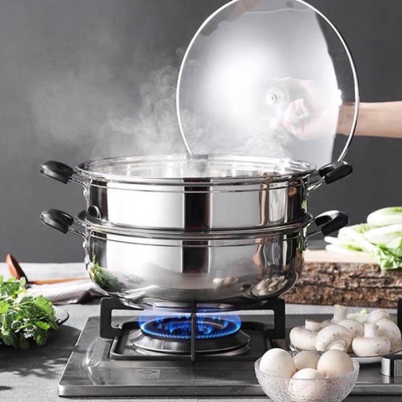 Nồi Hấp Inox 2 Tầng Inox Hấp Bánh Bao Hấp Xôi Kích Thước 28cm ( sử dụng bếp từ và bếp ga)