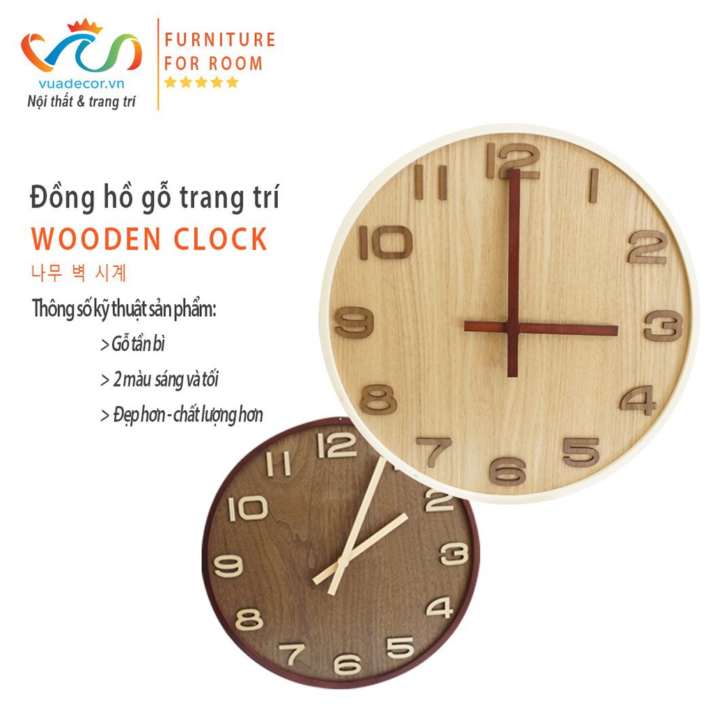 Đồng hồ gỗ treo tường trang trí cao cấp Vuadecor - Wooder Clock - Hàng có sẵn