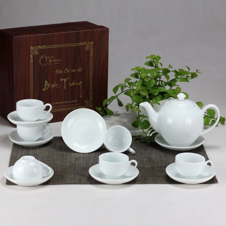 Bộ Ấm Chén Trắng Bát Tràng Bộ Trà Gốm Sứ Cao Cấp Dáng Minh Long Nhận in Logo Quà Tặng Doanh Nghiệp 123