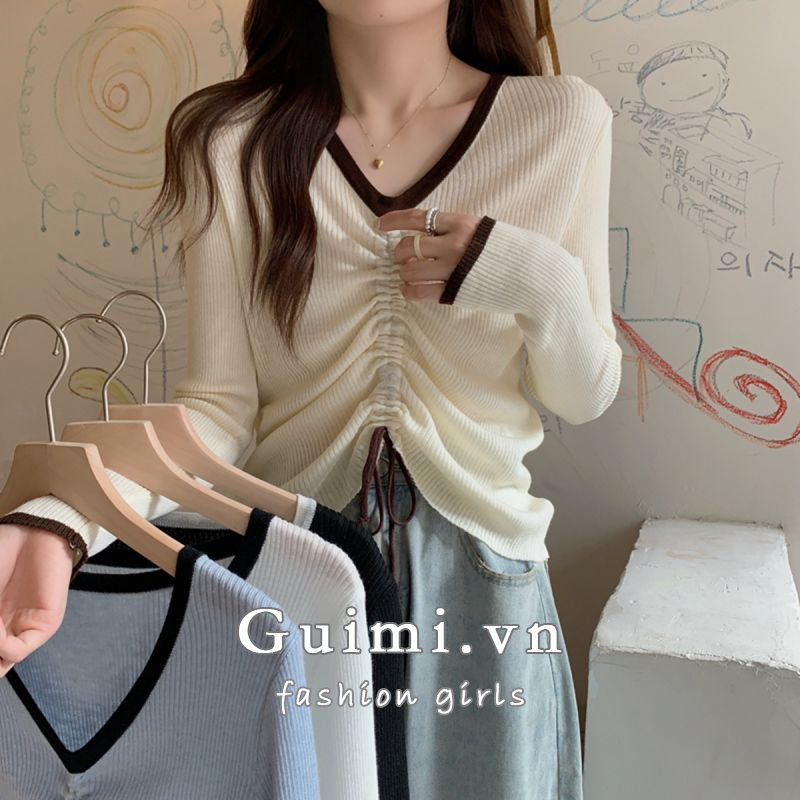Áo Thun Dệt Kim Tay Dài Cổ Chữ V Thiết Kế Dây Rút Phong Cách Hàn Quốc Thời Trang Mùa Xuân Mới Dành