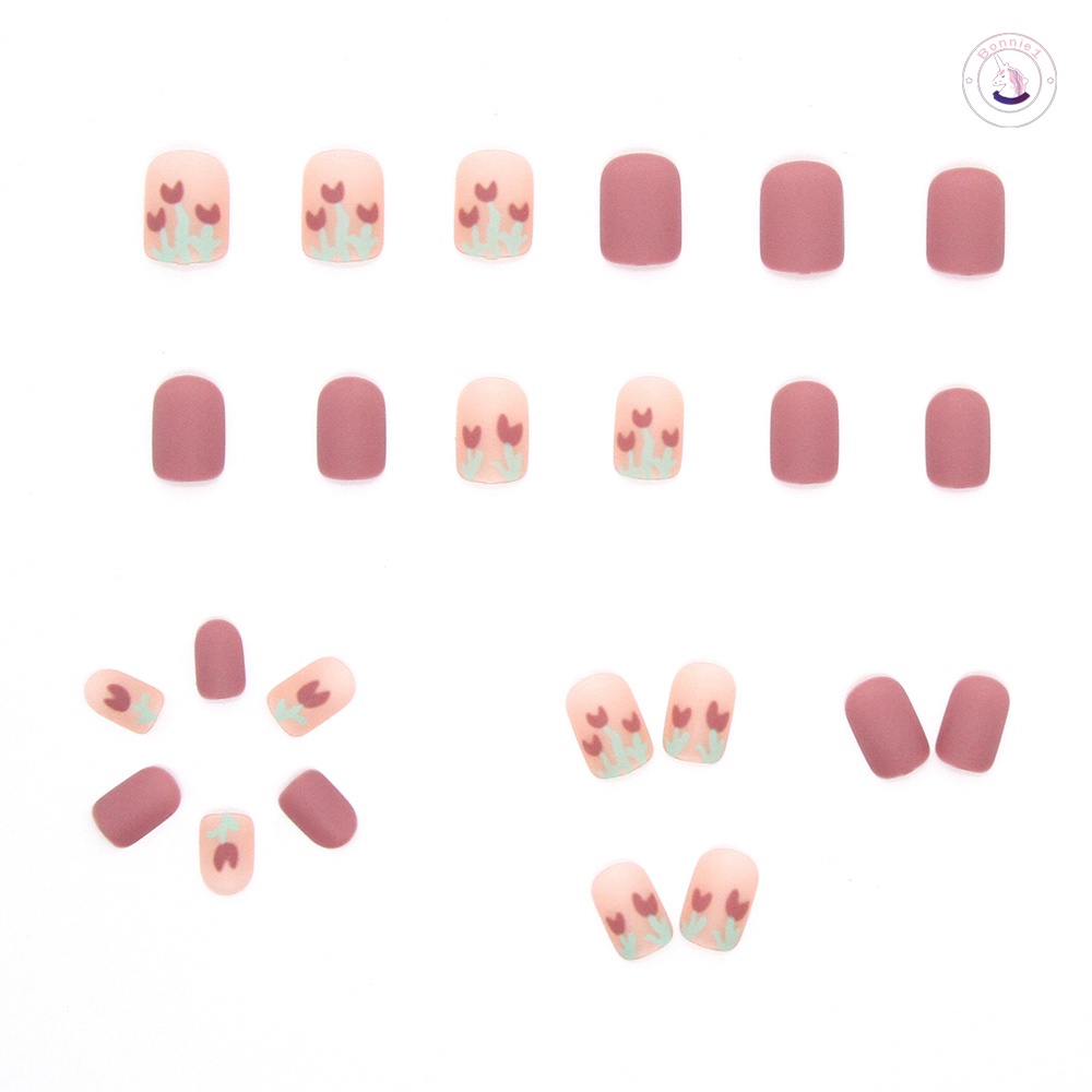 Bộ 24 Móng Tay Giả Màu Be Họa Tiết Hoa Tulip Phủ Toàn Diện Thời Trang Cho Nữ