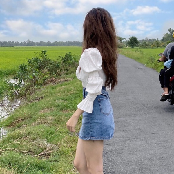 Áo kiểu tay dài cổ vuông cột nơ, áo trễ vai tay bồng ,áo bánh bèo babydoll chất đũi mềm siêu xinh PLA39