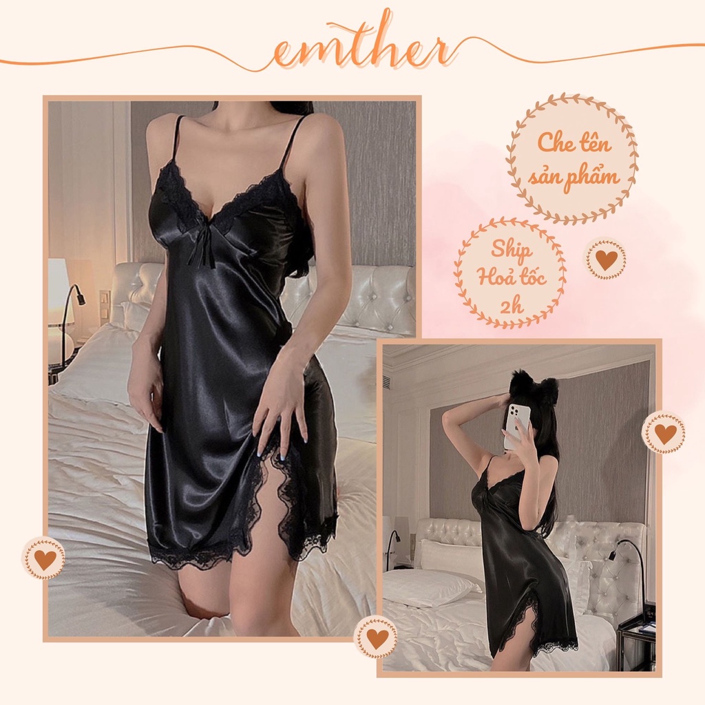 Váy ngủ lụa sexy hai dây phối ren có mút ngực cao cấp Đầm mặc nhà gợi cảm quyến rũ cho nữ EMTHER - VN37