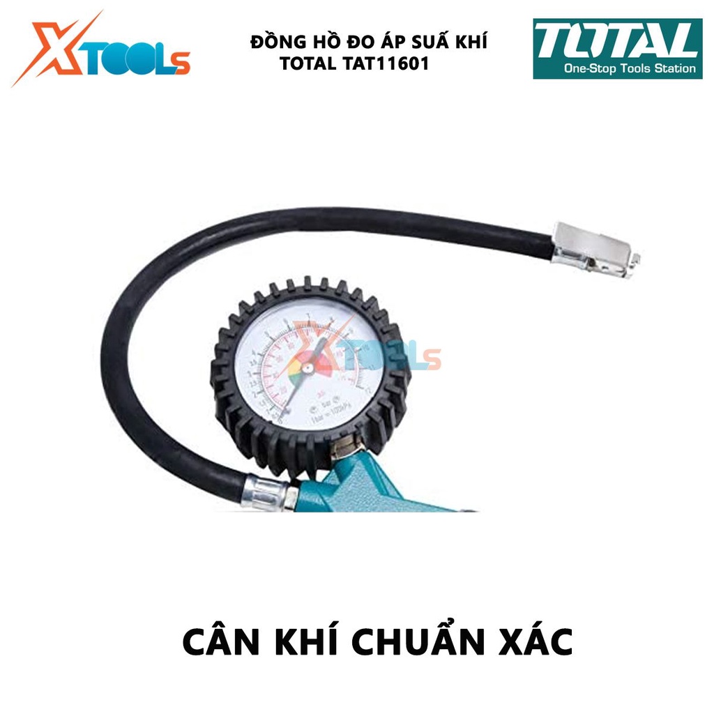 Đồng hồ đo áp suất khí Total TAT11601 Dụng cụ bơm hơi khí có đồng hồ Áp lực 12bar(174psi) Chiều dài vòi 350mm