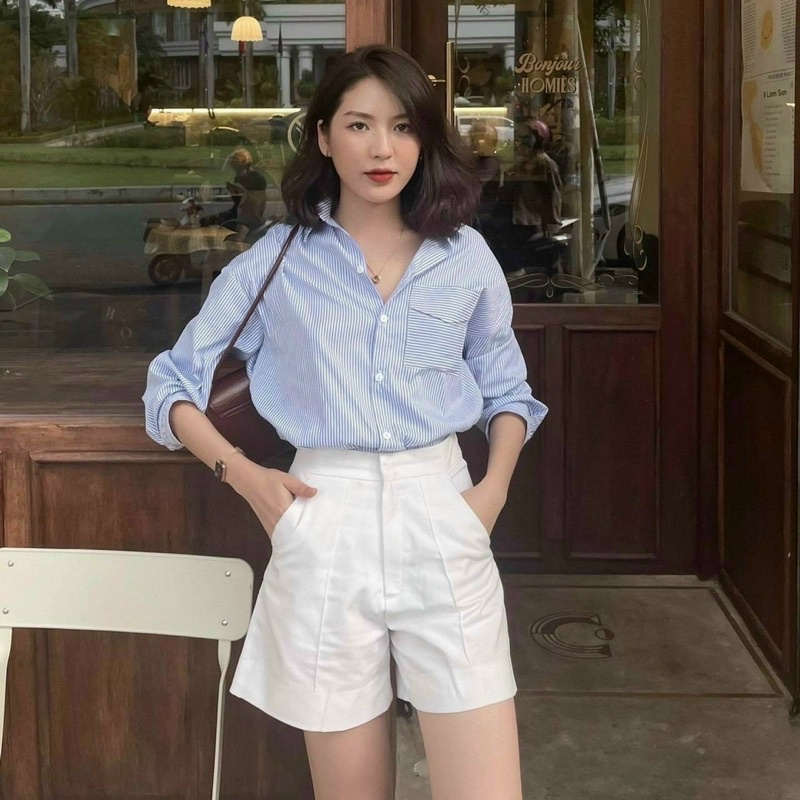 ‼️‼️set sơ mi sọc 1 túi + quần sọt nẹp li