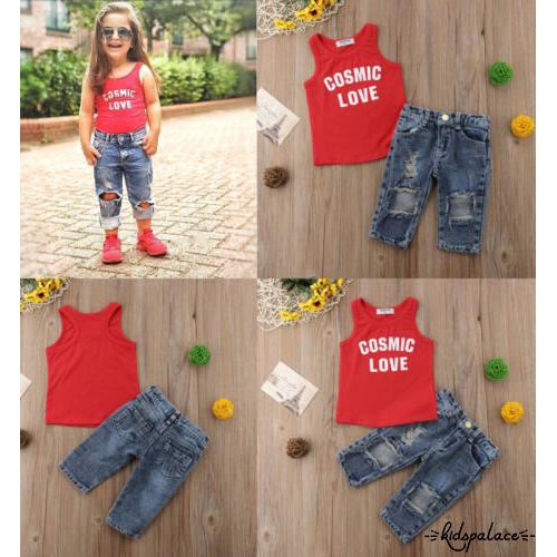 Set áo cộc tay và quần denim phong cách cá tính dành cho bé gái