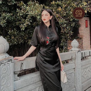 (Hàng thiết kế cao cấp) Bộ đồ lam đi chùa áo lụa cổ cao độc lạ hot nhất 2021