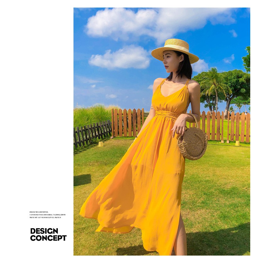 (CÓ SẴN)ĐẦM MAXI VÁY MAXI VÀNG HỞ LƯNG ĐI BIỂN QUẢNG CHÂU | BigBuy360 - bigbuy360.vn