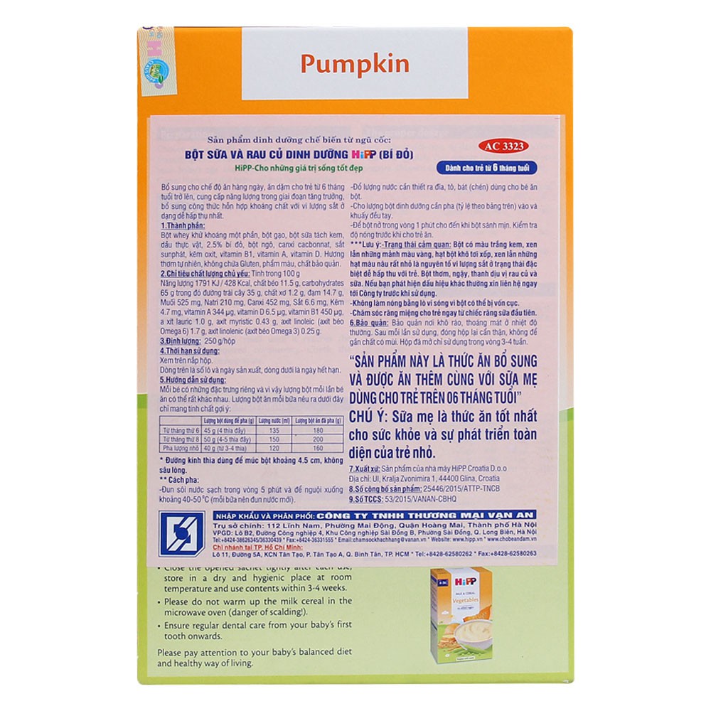 [CHÍNH HÃNG] Bột Ăn Dặm HiPP Pumpkin (Sữa và Bí Đỏ) Hộp 250g