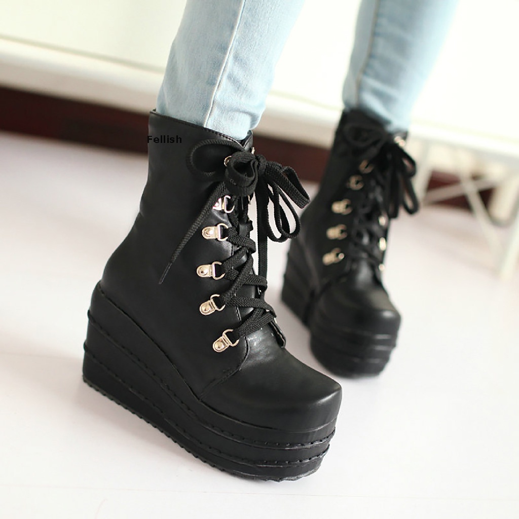 [Fellish] Womens Chunky Platform Wedge Boots Punk Goth Combat Ankle Booties 436VN